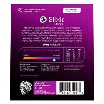 Elixir Strings 11027 Custom Light NW - acoustic guitar strings (11-52)